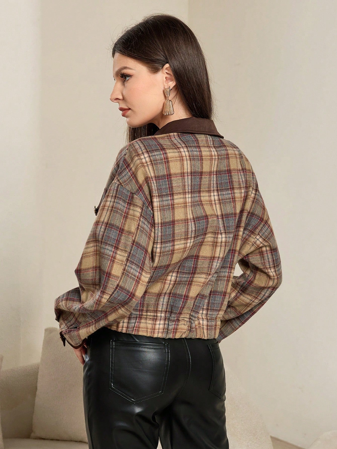 Cropped Plaid Button Up Jacket