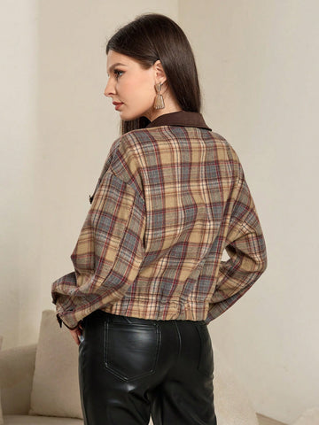 Cropped Plaid Button Up Jacket