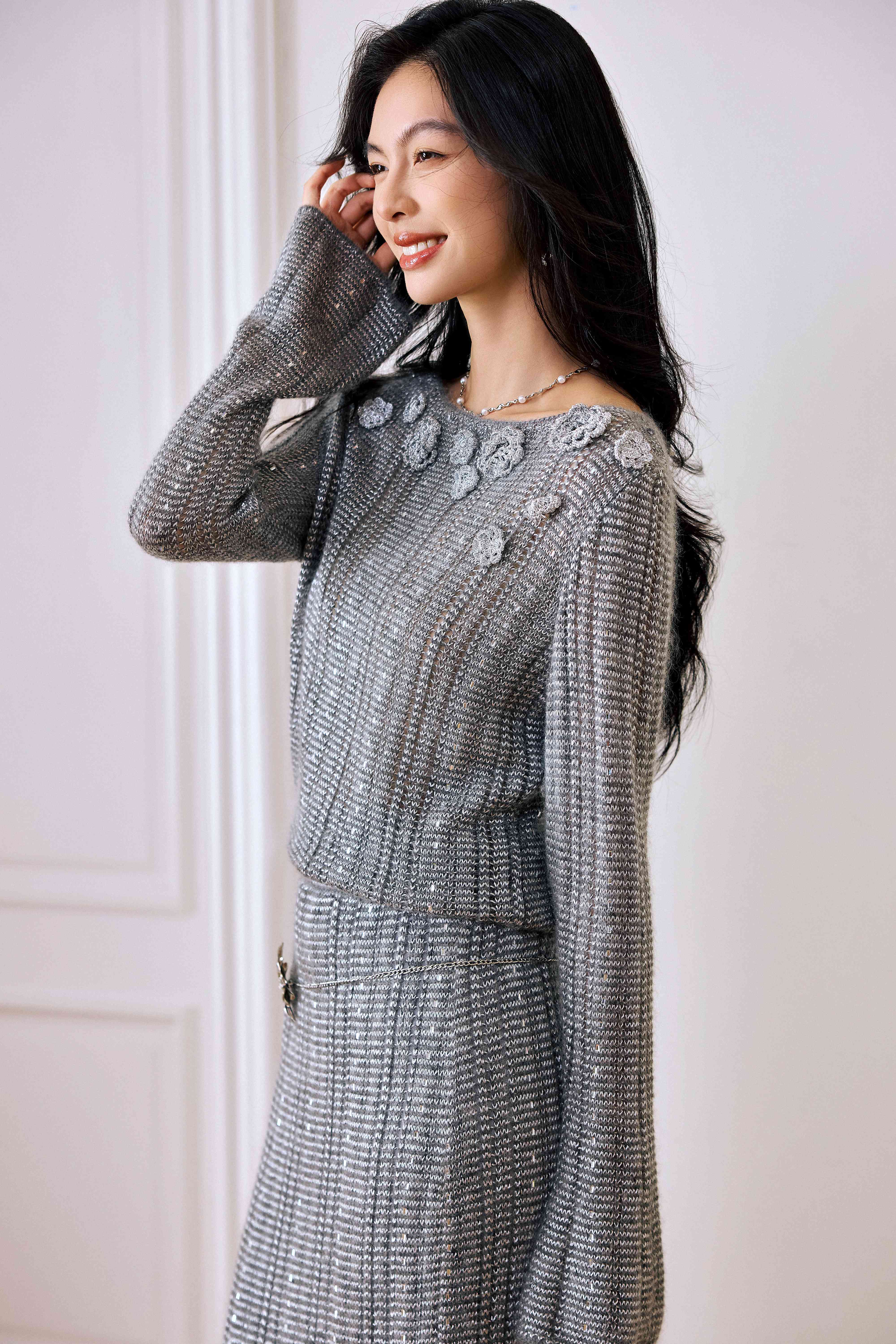 Embellished Metallic Knit Pullover Sweater