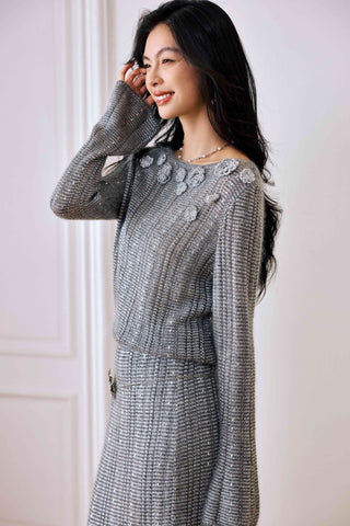 Embellished Metallic Knit Pullover Sweater