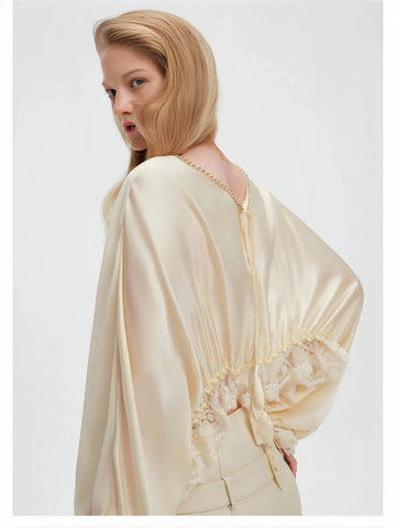 Lace Trim Cropped Satin Blouse