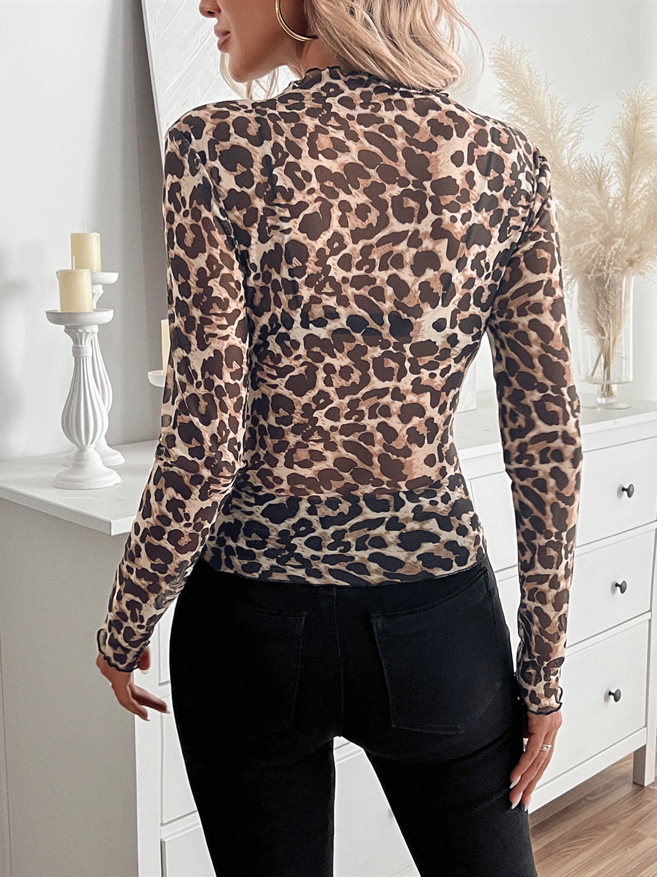 Sheer Leopard Print Mock Neck Tee