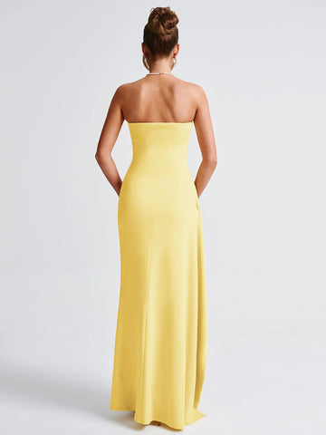 Strapless Ruched High Slit Maxi Dress