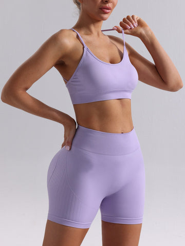 Solid Shoulder Strap Sports Bra High-Waisted Shorts Set