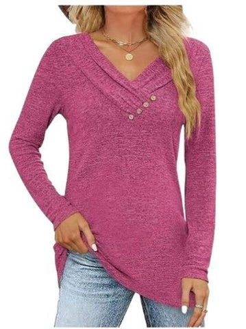Button V Neck Soft Long Sleeve Tee