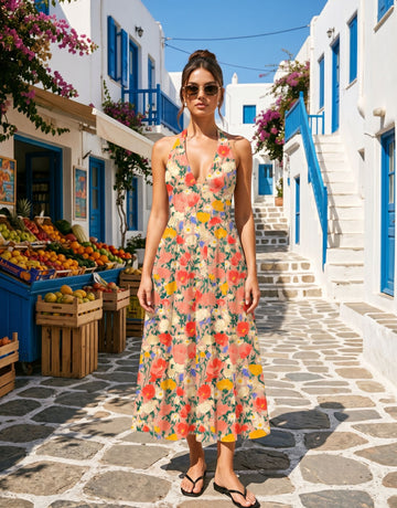 AURELIA Floral Print Halter Neck Tie Back Midi Dress