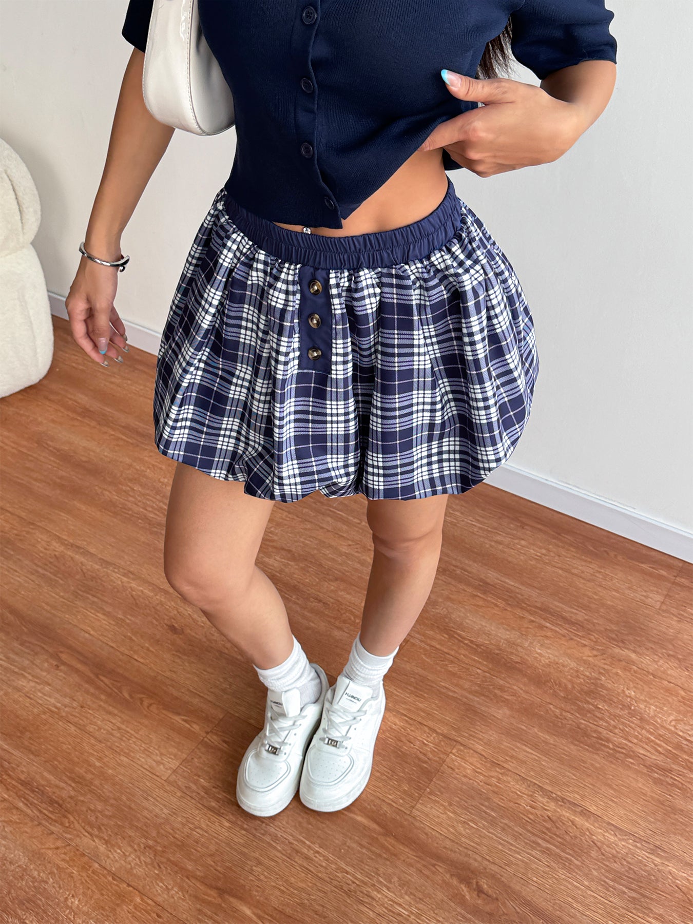 Gingham Puff Gold-Button Vintage Mini Skirt