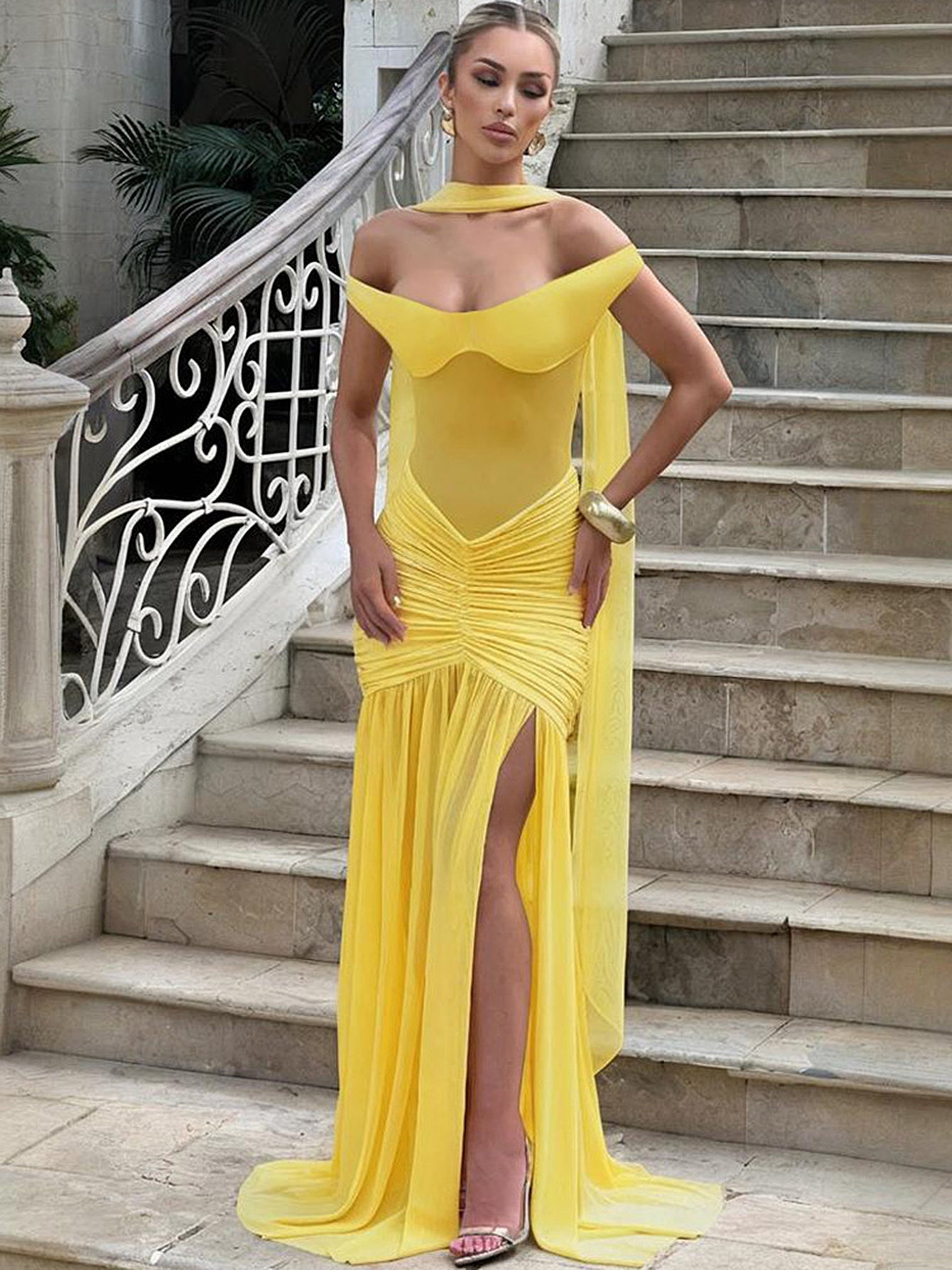 Off Shoulder Sheer Panel Sexy Maxi Dress