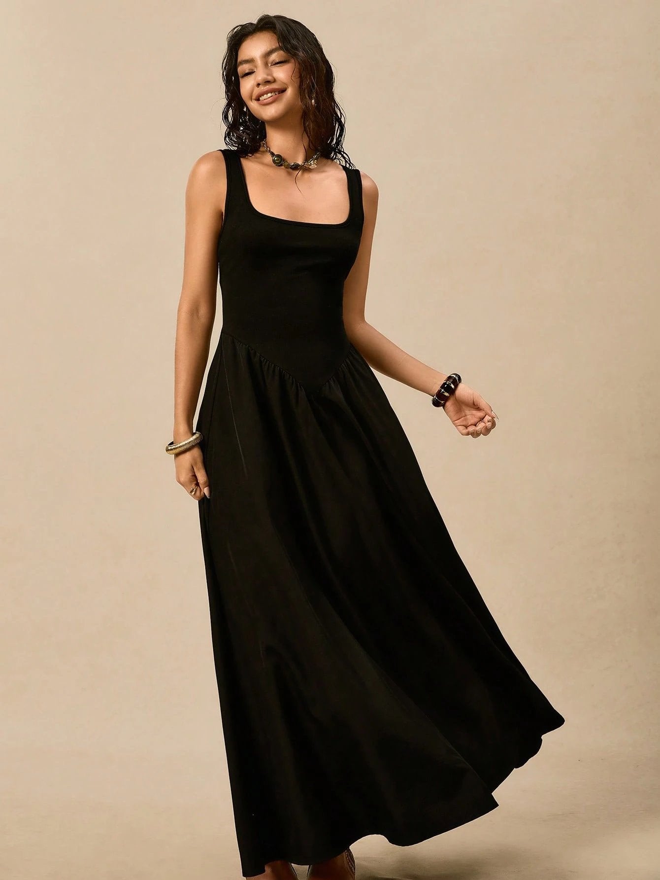Square Neck Sleeveless Fitted Elegant Maxi Dress-Black