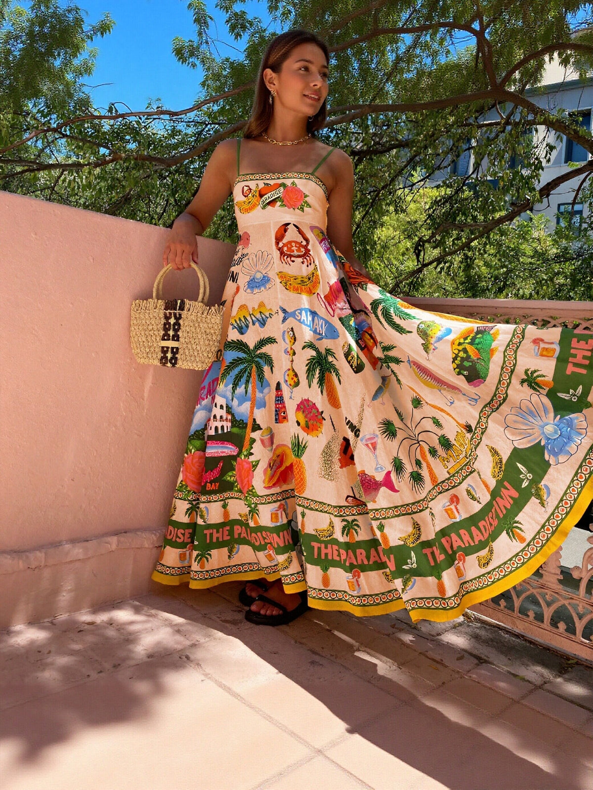 Tropical Print Spaghetti Strap Midi Dress