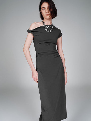 Urban Revivo One Shoulder Ruched A-Line Midi Dresses-Grey