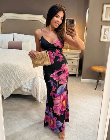 KIRA Tropical Orchid Print Spaghetti Strap Bodycon Maxi Dress