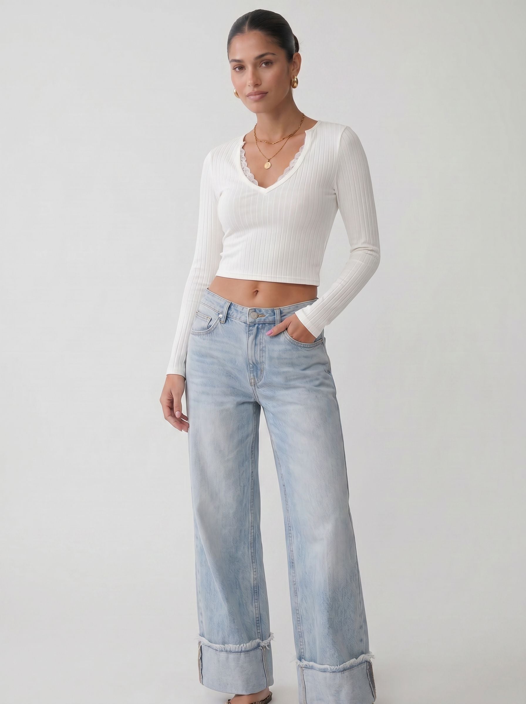 Ribbed Lace Trim Long Sleeve T-shirt