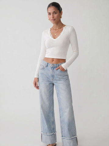 Ribbed Lace Trim Long Sleeve T-shirt