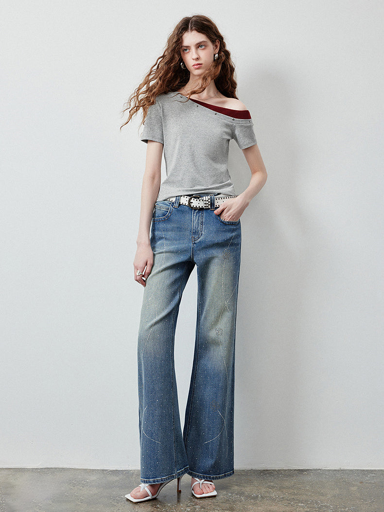 Sparkly Rhinestone Embellished Wide Leg Jeans