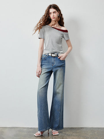 Sparkly Rhinestone Embellished Wide Leg Jeans
