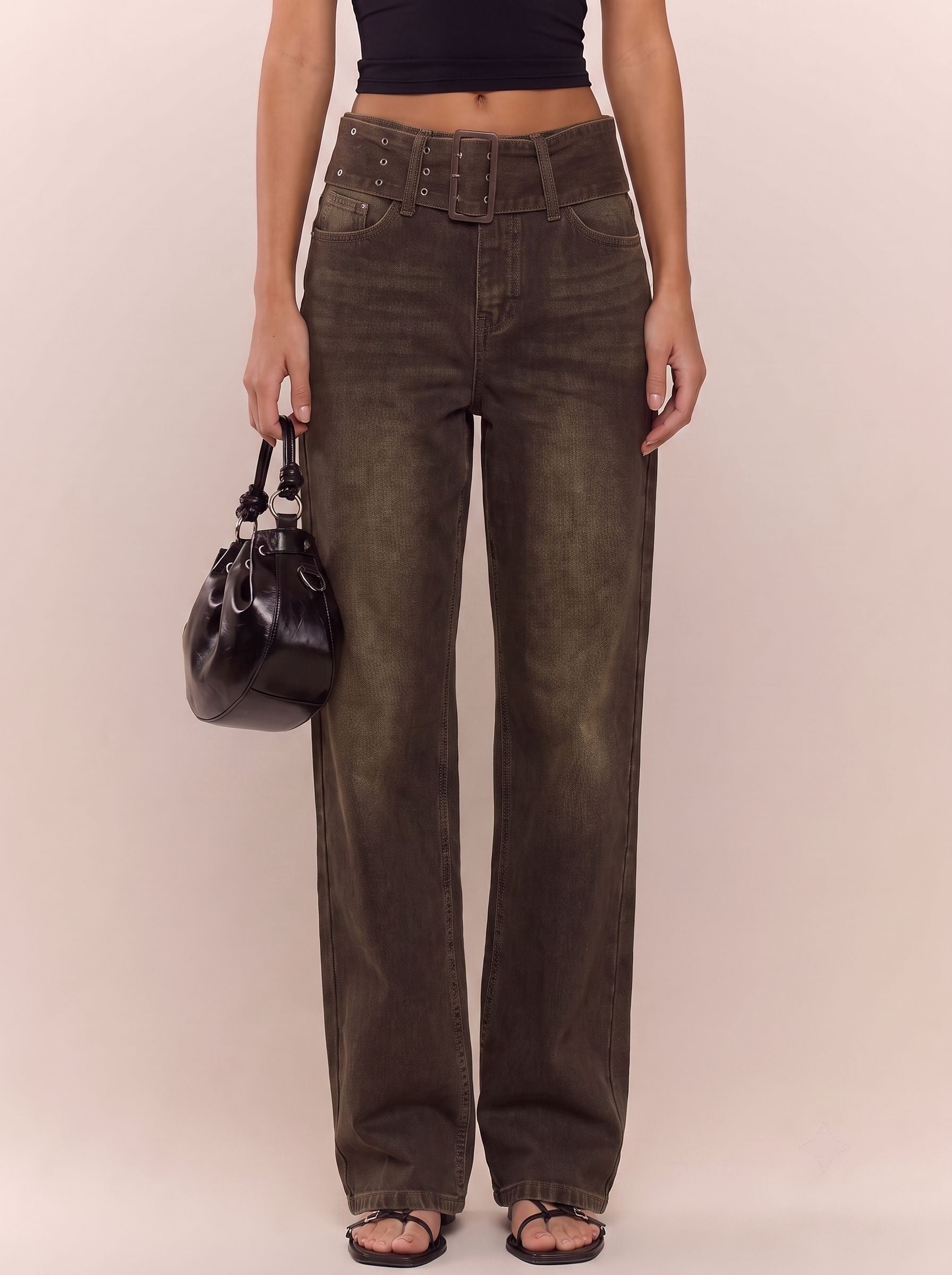 High Waisted Buckle Detail Jeans