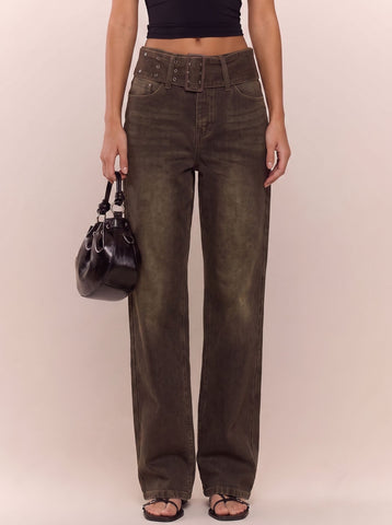 High Waisted Buckle Detail Jeans