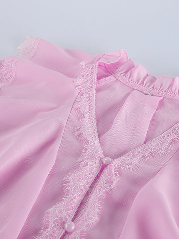 Ruffle Trim Lace Button Down Shirt