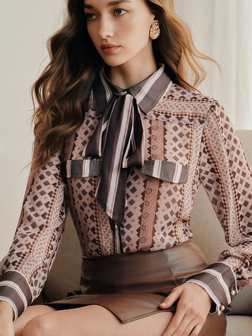 Elegant Geometric Print Tie Neck Shirt
