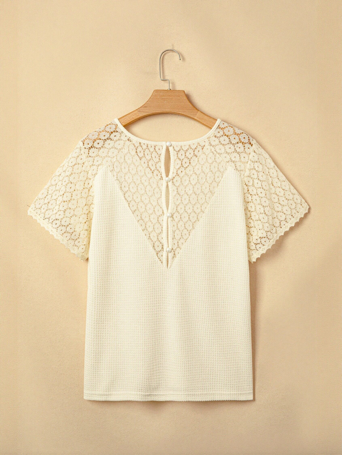 Waffle Knit Lace Sleeve T Shirt