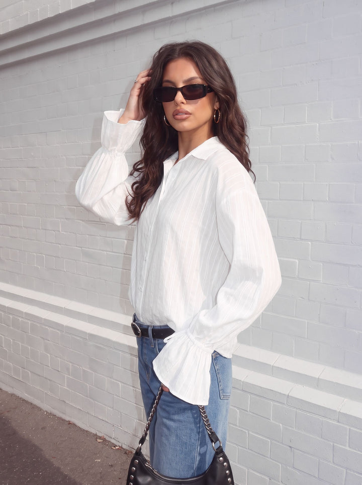 Sheer Striped Ruffle Sleeve Button Shirt