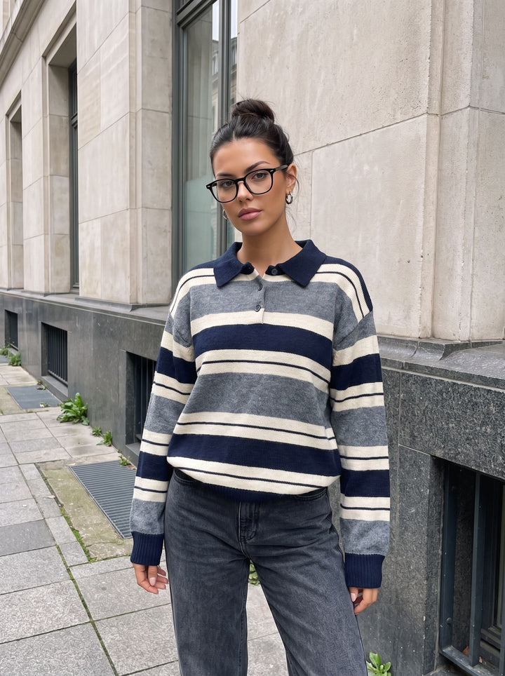 Oversized Striped Polo Collar Sweater