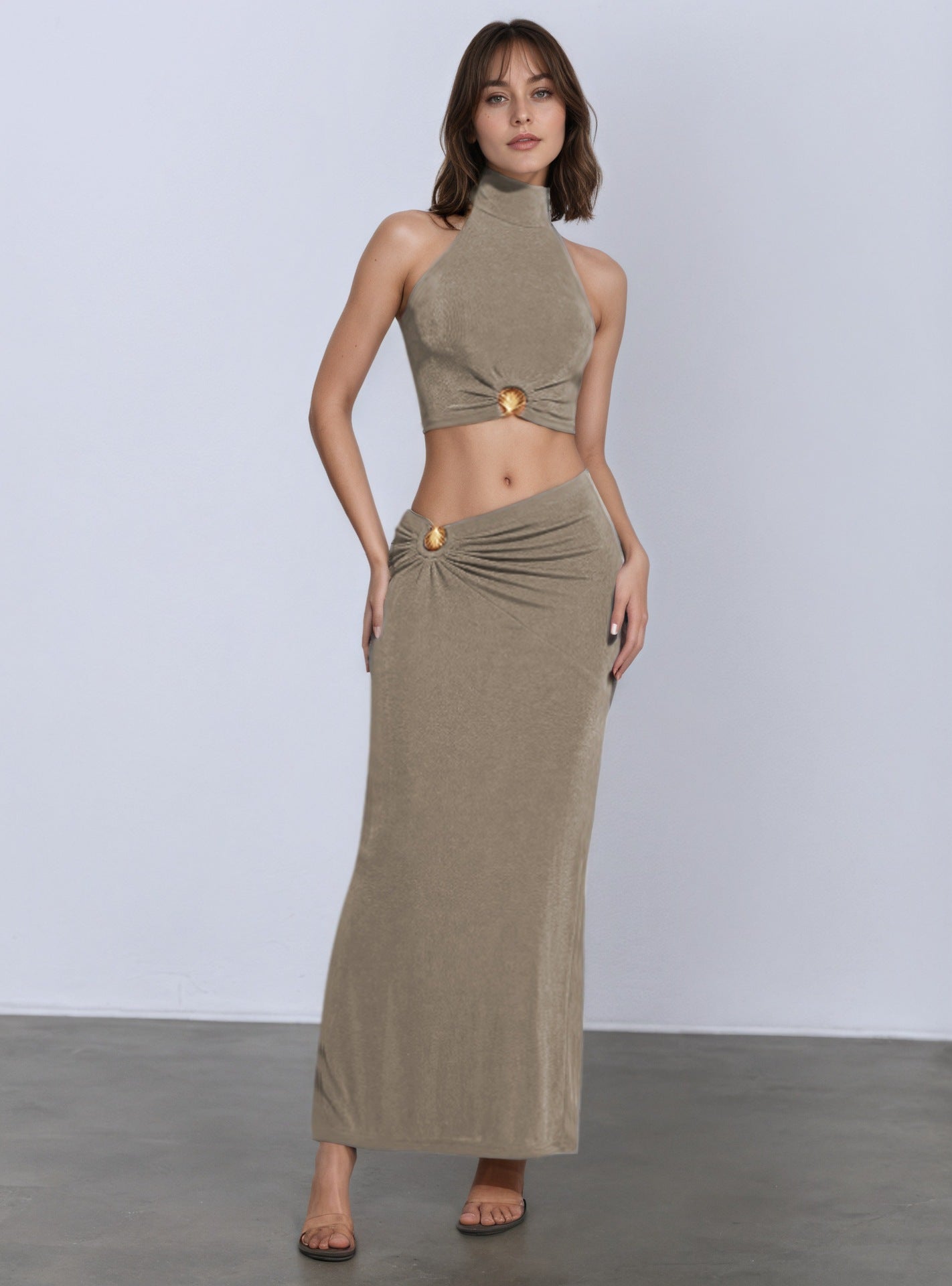 Twist Front Button Detail Midi Skirt