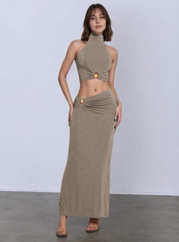Twist Front Button Detail Midi Skirt