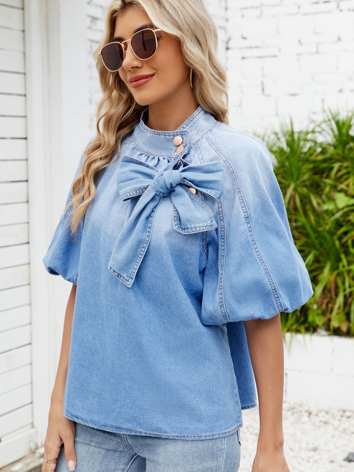 Bow Detail Puff Sleeve Denim Blouse