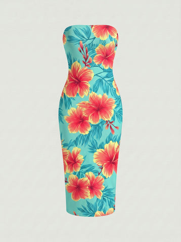 MAIA Floral Print Strapless Sheath Midi Dress