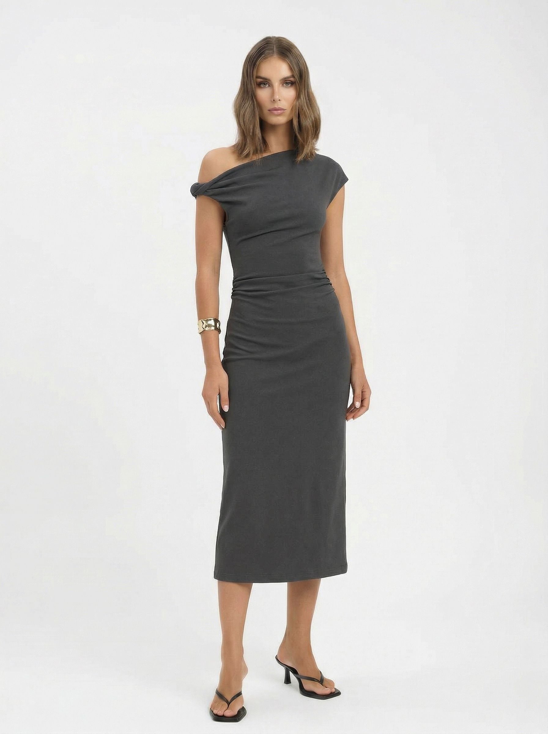 Urban Revivo One Shoulder Ruched A-Line Midi Dresses-Grey