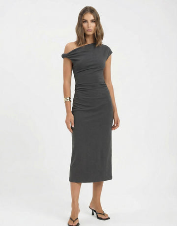 Urban Revivo One Shoulder Ruched A-Line Midi Dresses-Grey