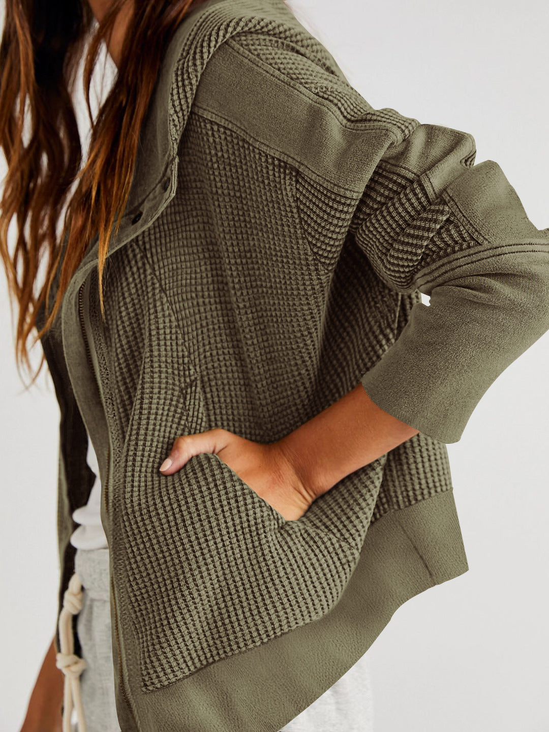 Waffle Knit Snap Up Hoodie Jacket