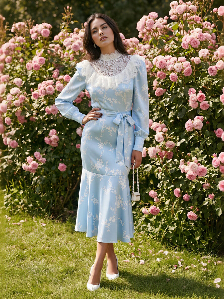 Vintage Lace Trim Floral Midi Dress