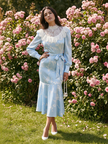 Vintage Lace Trim Floral Midi Dress