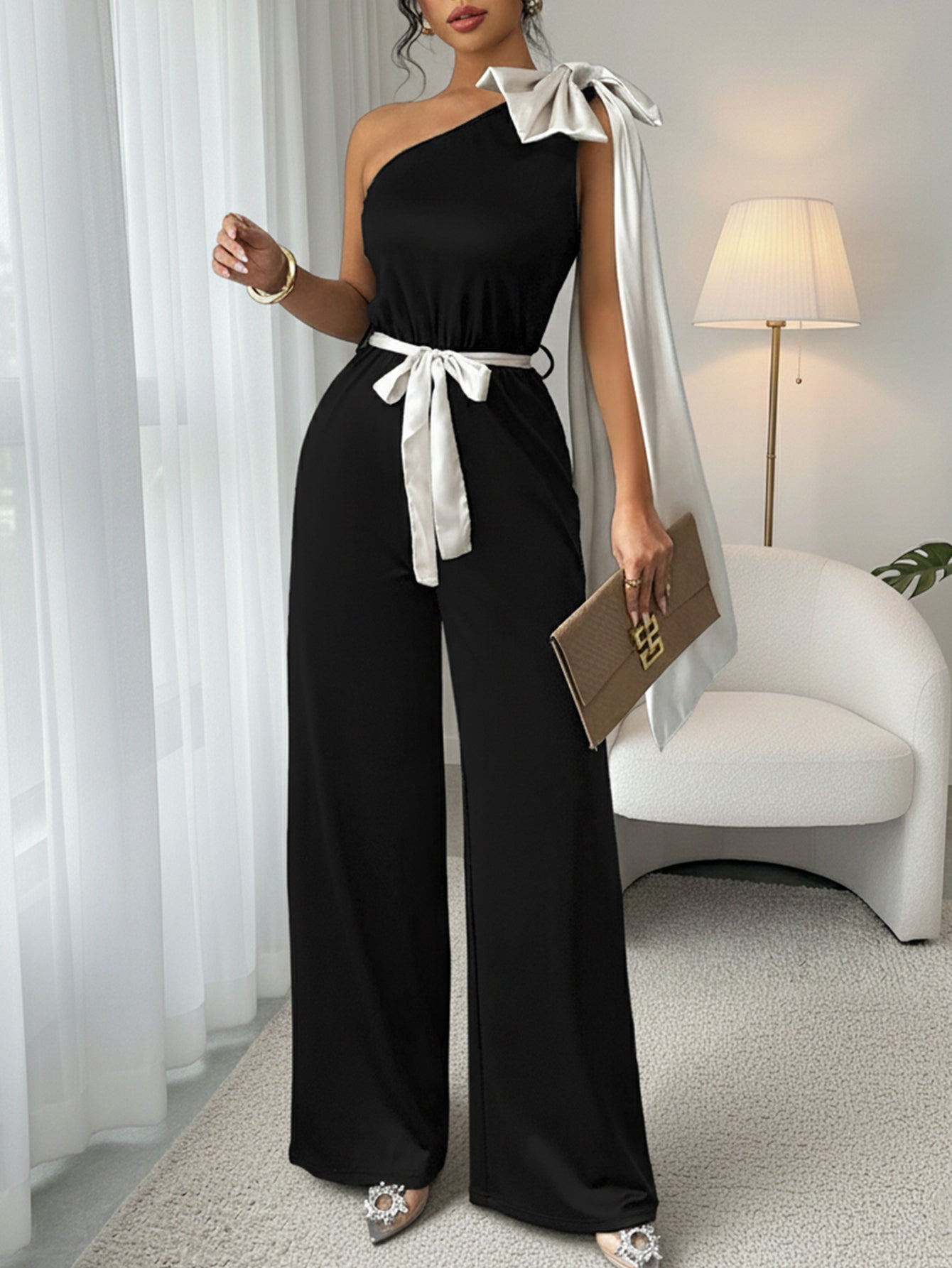 One-Shoulder Bow-Detail Cinched-Waist Evening Jumpsuit