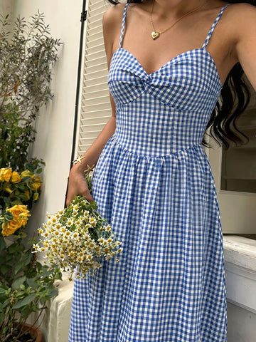Blue Gingham Midi Summer Dress