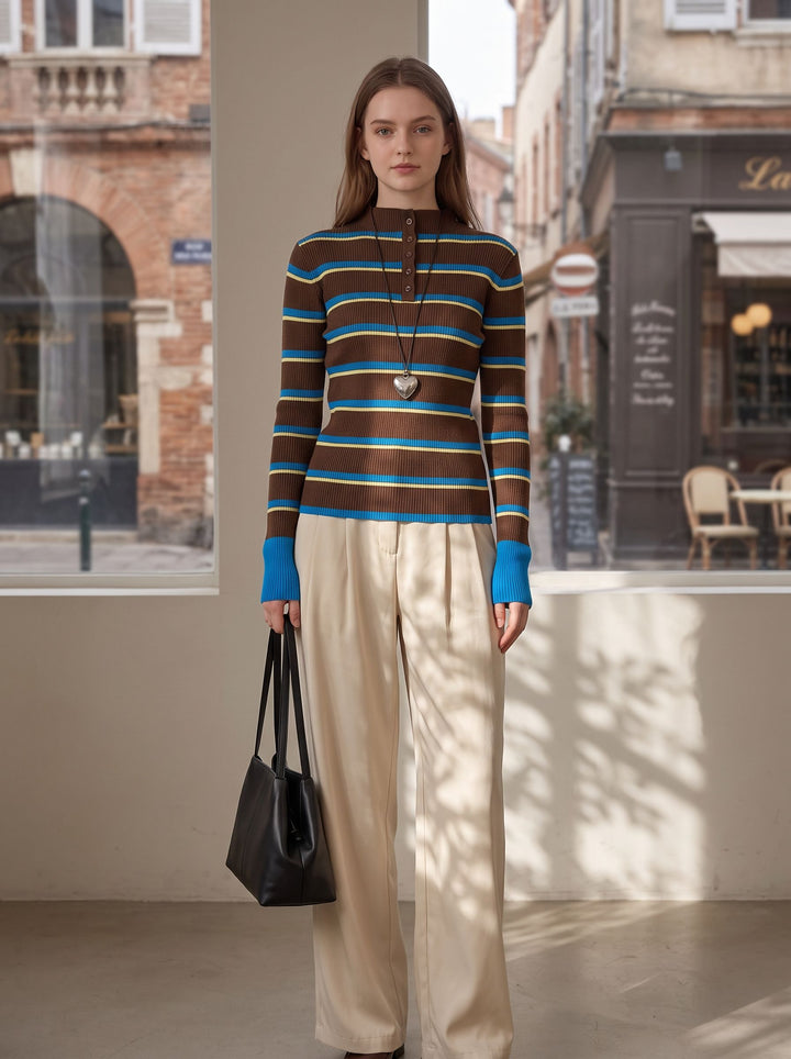 Striped Button Mock Neck Sweater