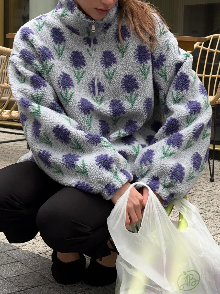 Cozy Floral Quarter Zip Fleece Jacket