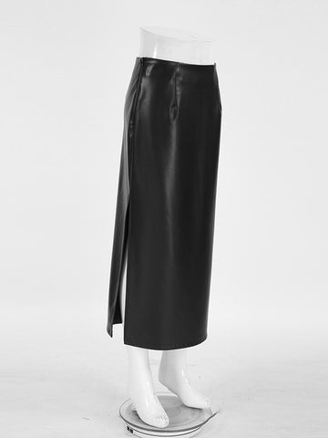 High Slit Faux Leather Midi Skirt