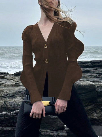 Sculptural Sleeve V Neck Cardigan