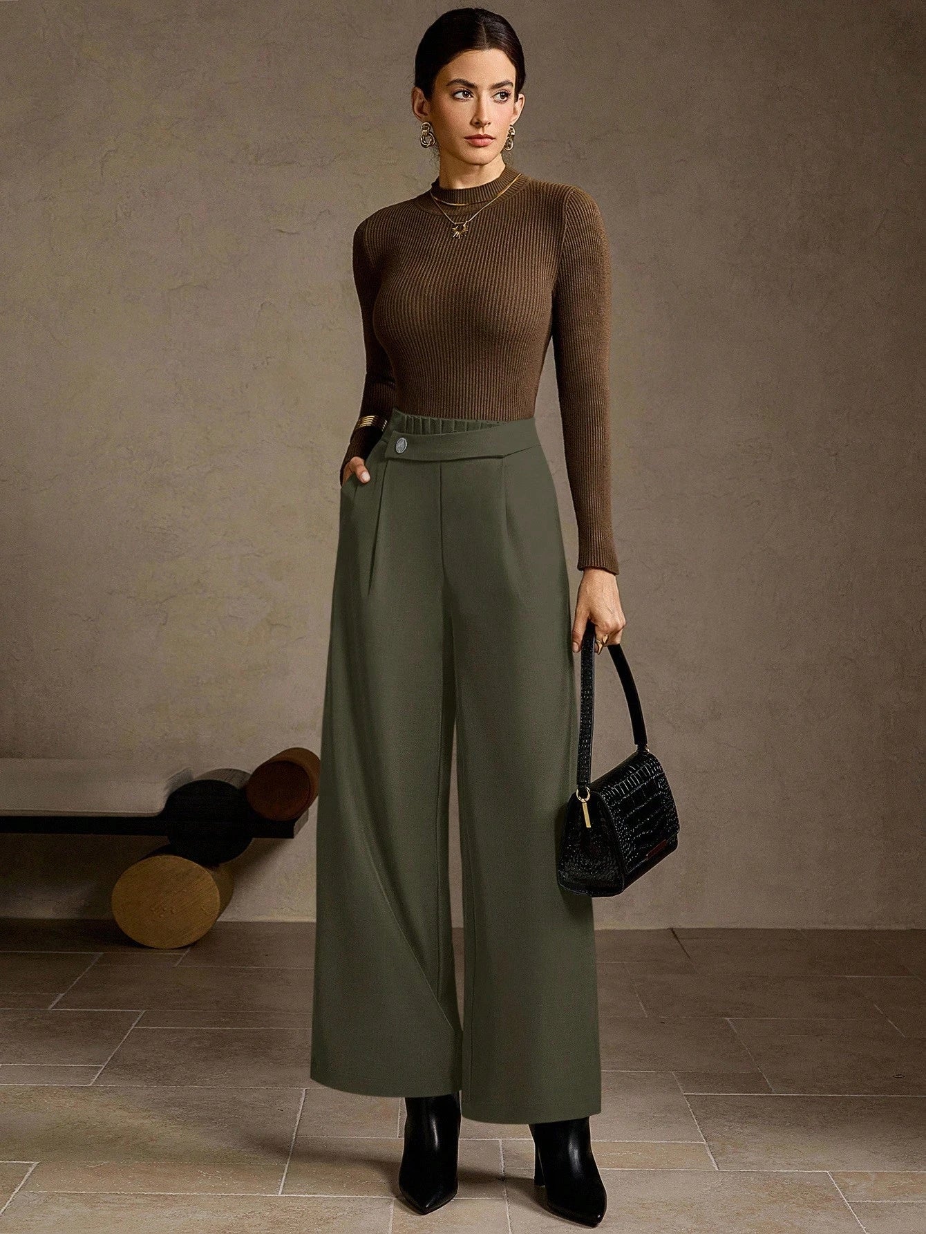 High-Waisted Wide-Leg Button-Front Classic Pants-Multicolor