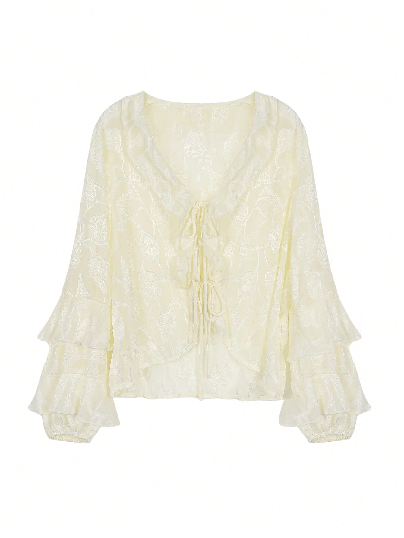 Deep V Ruffled Sleeve Tie Front Sexy Blouse-Apricot