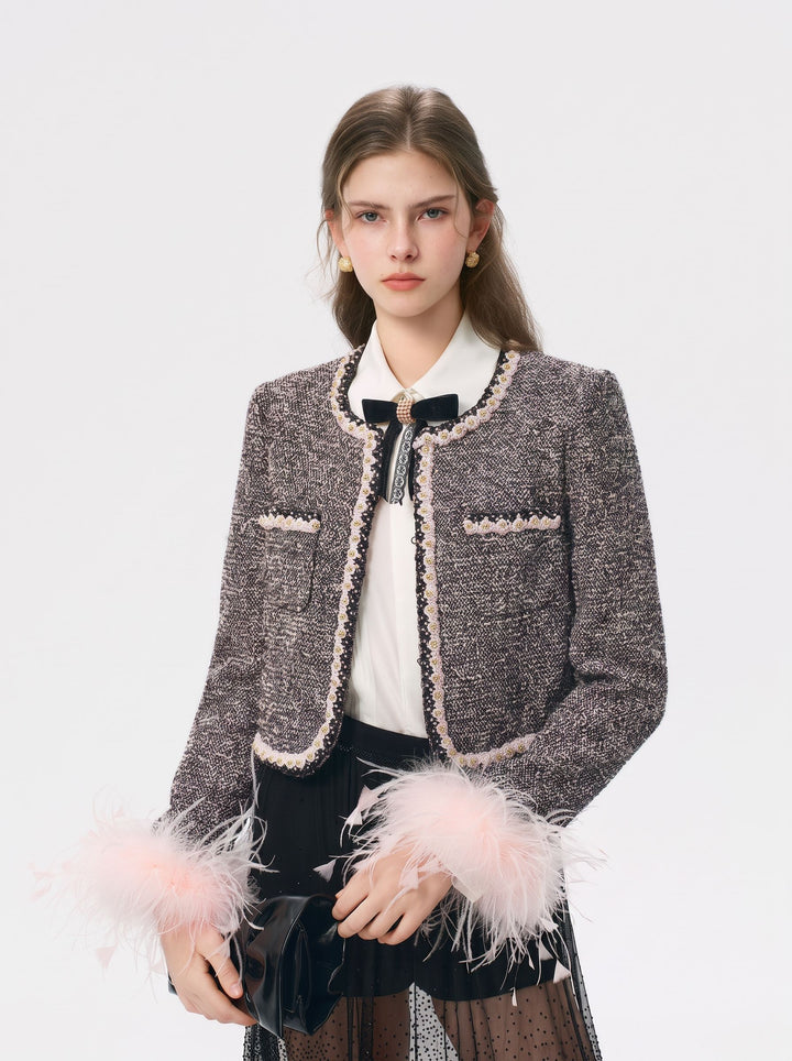 Feather Trim Tweed Cropped Jacket