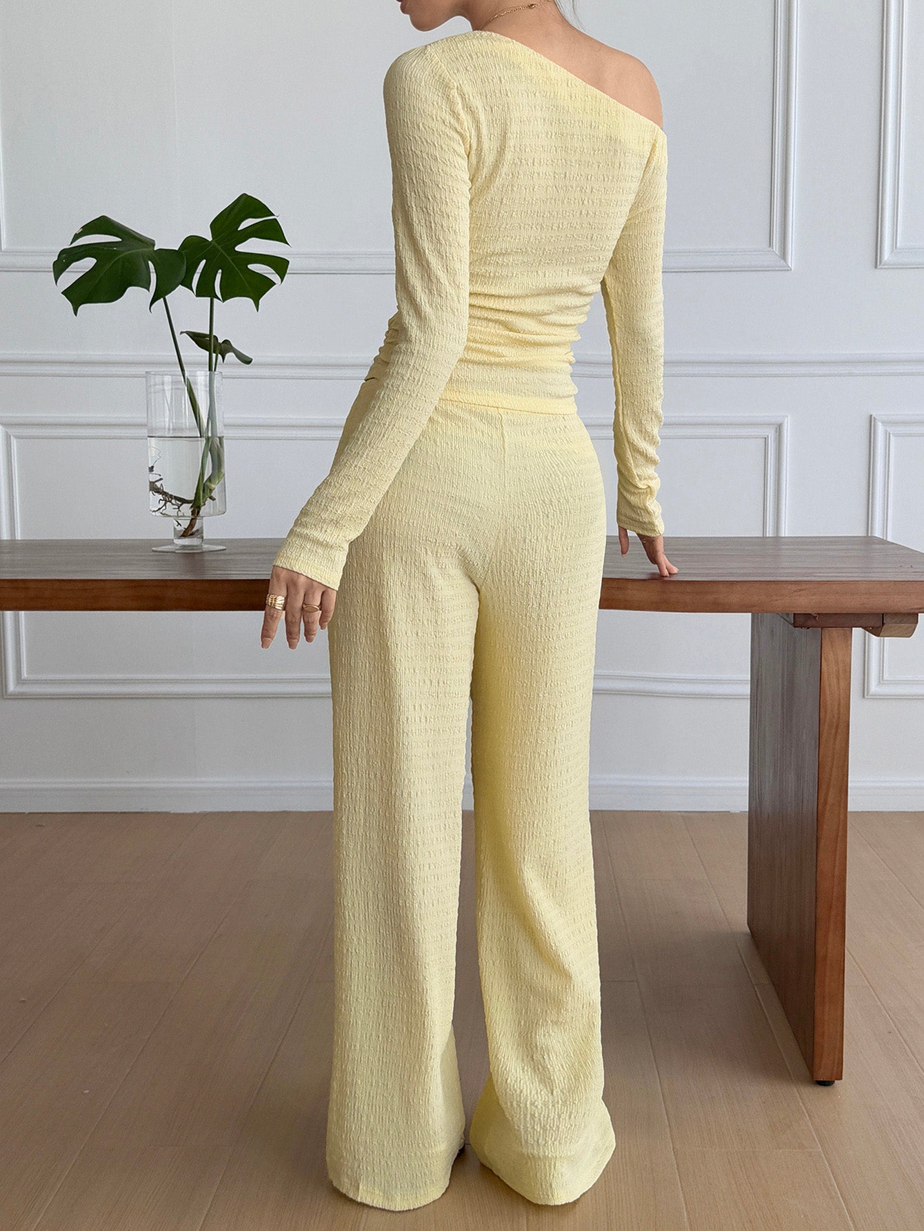 Off Shoulder Top Wide-Leg Pants Casual Set-Lemon Yellow