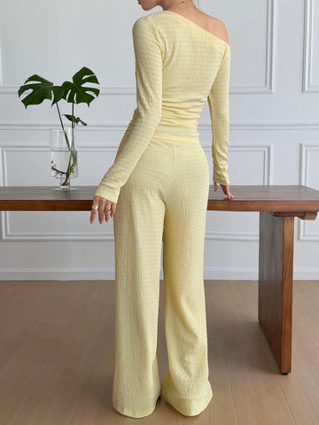 Off Shoulder Top Wide-Leg Pants Casual Set-Lemon Yellow