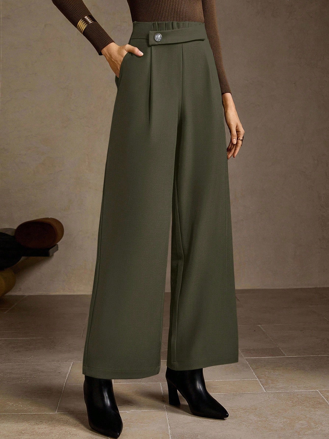 High-Waisted Wide-Leg Button-Front Classic Pants-Multicolor