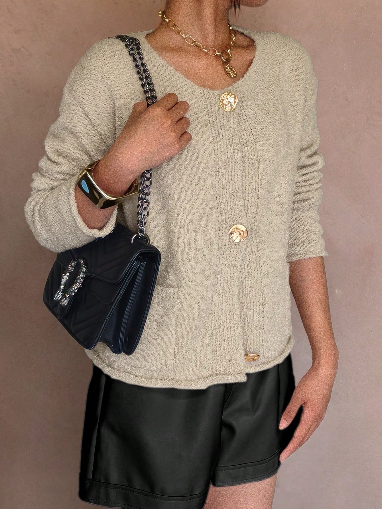 Gold Button Textured Knit Cardigan
