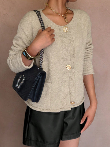 Gold Button Textured Knit Cardigan